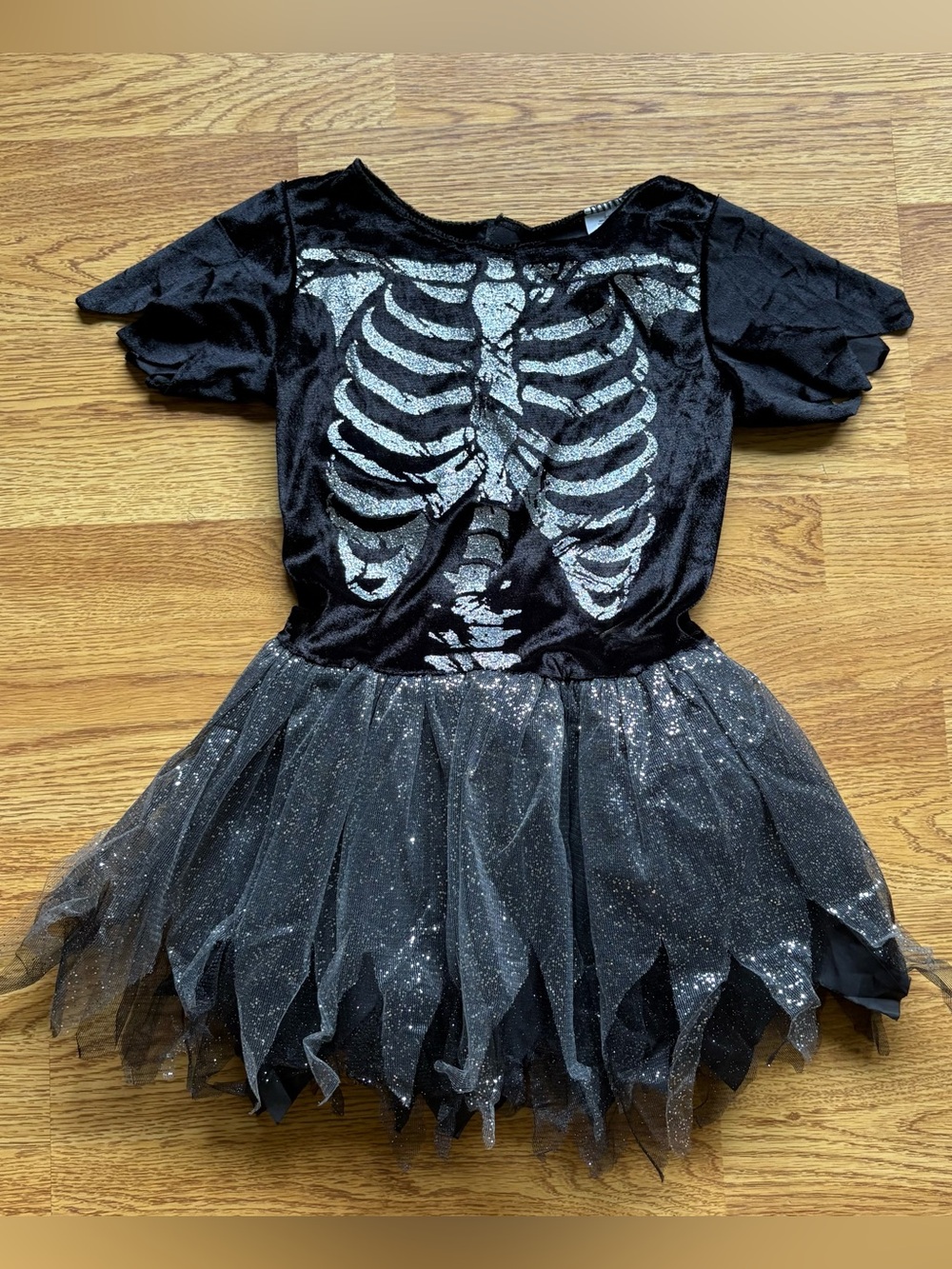 Girls Black Glitter Sparkle Skeleton Halloween Costume Dress Sz M 7/8